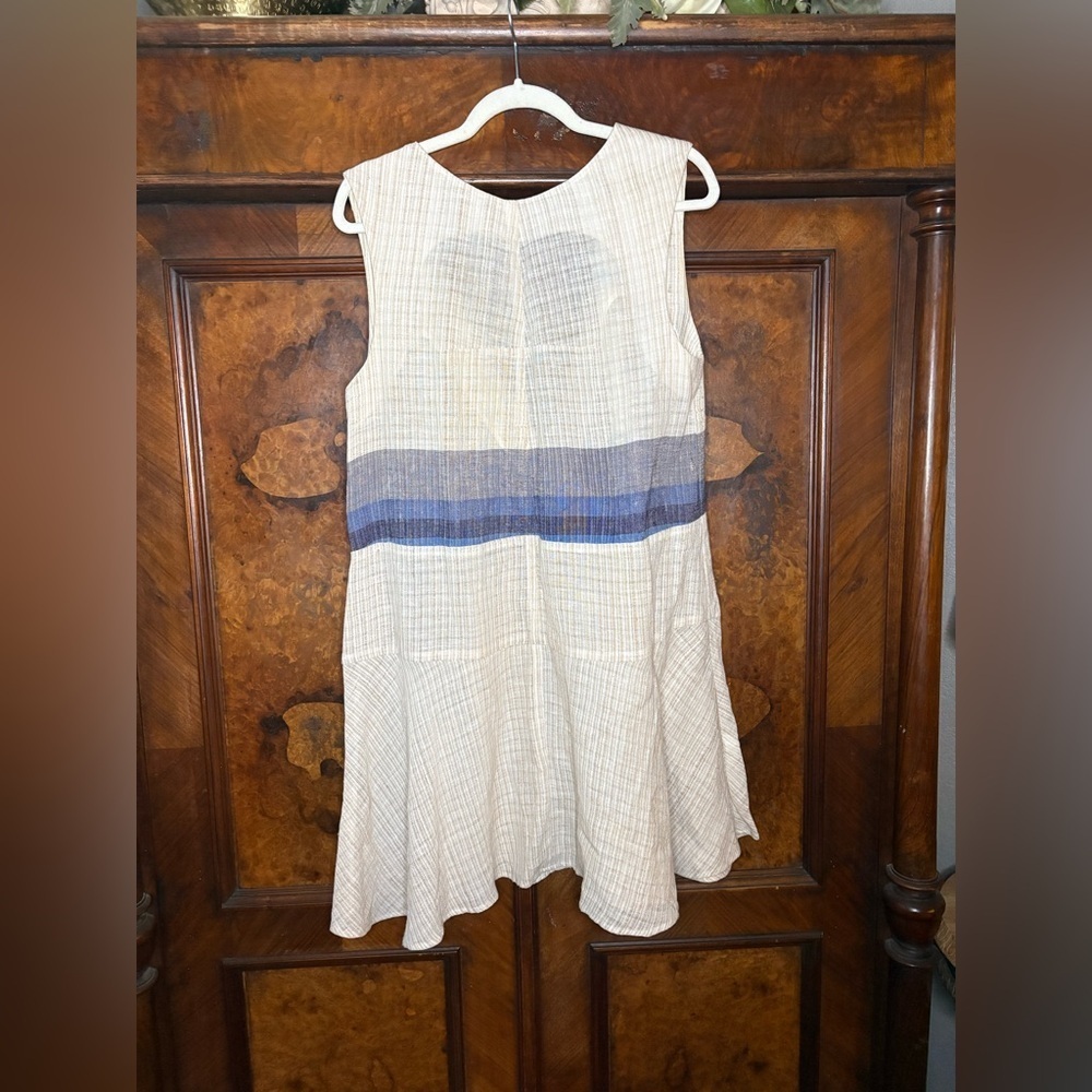 Rachel Comey- Sleeveless Cream and Blue V-Back Dress. Size see measurements